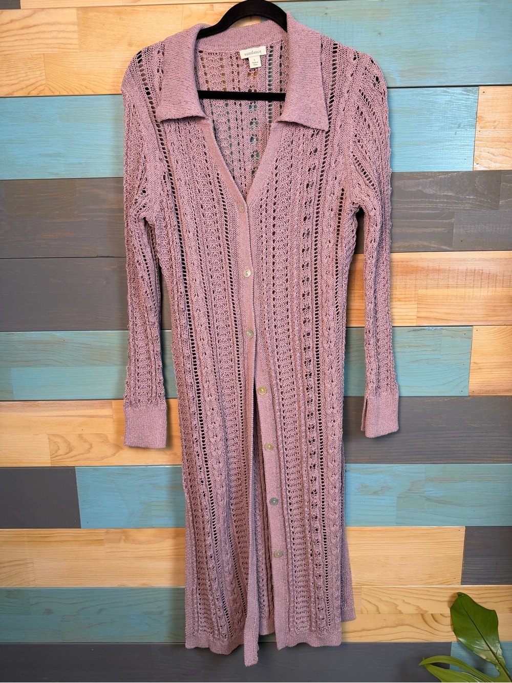 Sundance Dusty Rose Open-Knit Shell Button-Front Dister Linen Cotton Blend